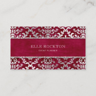 Tarjeta De Visita Hilo de escarlata Red Glimmer Damask Silver Love
