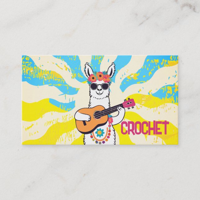 Tarjeta De Visita Hippie llama tejiendo hilo de manos de crochet (Anverso)