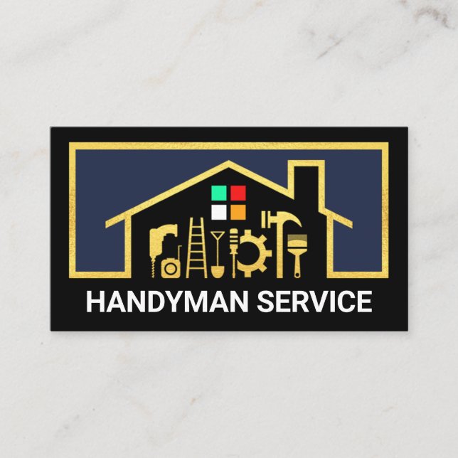 Tarjeta De Visita Hogar de herramientas estilosas Gold Handyman (Anverso)