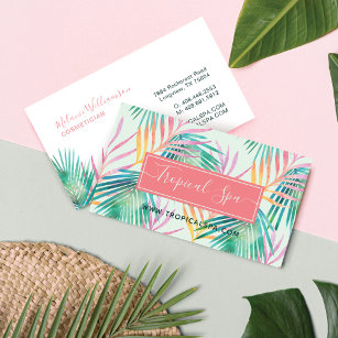 Tarjeta De Visita Hoja de palma tropical rosa y verde de moda