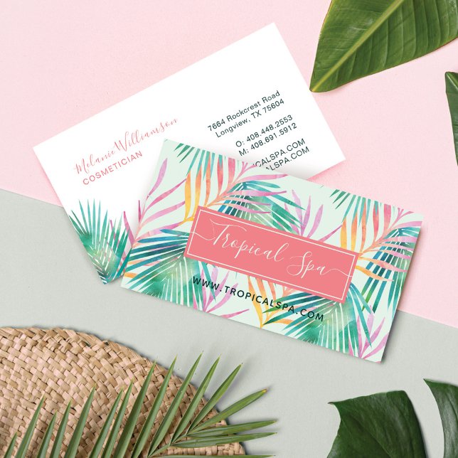 Tarjeta De Visita Hoja de palma tropical rosa y verde de moda (Subido por el creador)