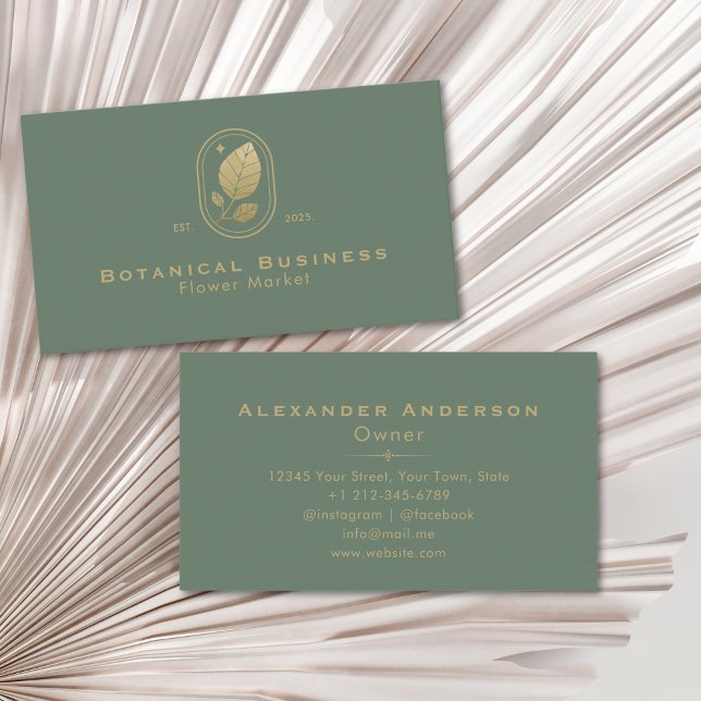 Tarjeta De Visita Hoja dorada moderna Verde botánico mínimo (Modern Gold Leaf Minimal Botanical Green Business Card)