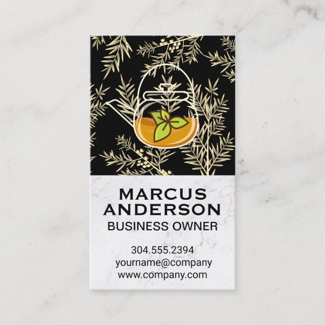 Tarjeta De Visita Hoja verde de Teapot | Fondo vegetal herbal (Anverso)
