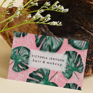 Tarjeta De Visita Hoja verde moderna del monstera en floral blanco