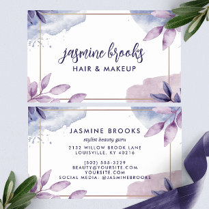 Tarjeta De Visita Hojas de acuarela púrpura con marco dorado