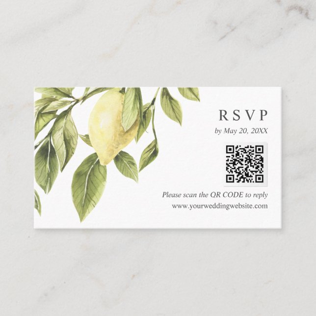 Tarjeta De Visita Hojas de limón amarillo Wedding RSVP Online QR COD (Anverso)