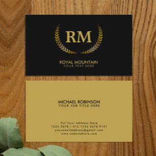 Tarjeta De Visita Hojas de oro Laurel   Elegante inicial en negro