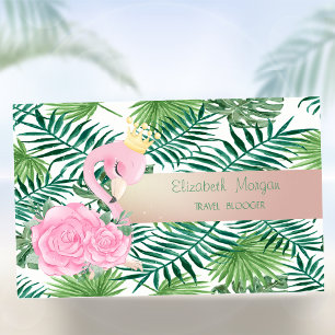 Tarjeta De Visita Hojas de Palma Tropicales Modernas, Flamenco Rosa 