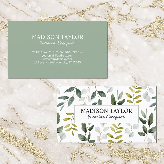 Tarjeta De Visita Hojas tropicales de eucalipto verde monogramado (Front and Back)