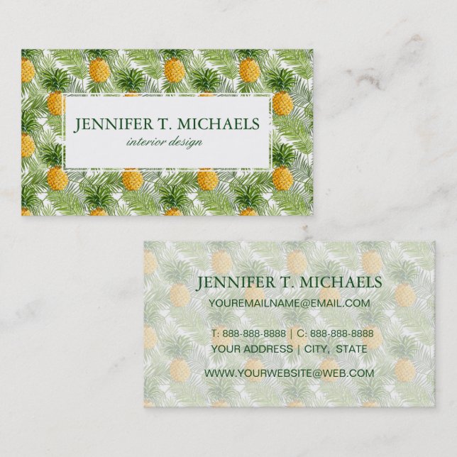 Tarjeta De Visita Hojas tropicales de palma y piñas| Agregar su nomb (Anverso / Reverso)