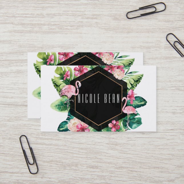 Tarjeta De Visita Hojas tropicales Hibiscus Flamingos Moda elegante (Anverso/Reverso In Situ)