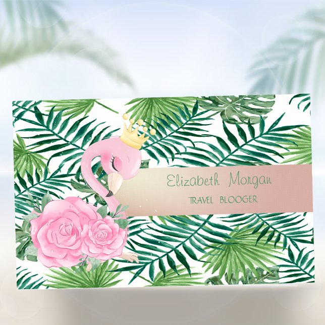 Tarjeta De Visita Hojas tropicales modernas de palmera, flamenco ros (Subido por el creador)