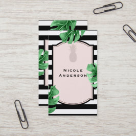 Tarjeta De Visita Hojas Tropicales & Piña Elegante Moderno Estriado