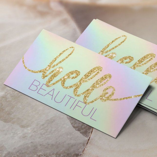 Tarjeta De Visita Hola Belleza Tipografía Pastel Holográfico (Subido por el creador)
