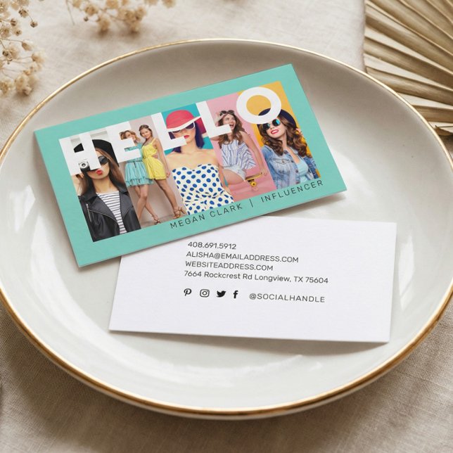 Tarjeta De Visita Hola con diseño moderno y mínimo de 5 fotos Verde  (Fun Modern Minimal Social Media Influencer Photo B Business Card)