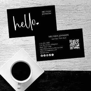 Tarjeta De Visita Hola Corazón Código QR de Script Negro Redes Socia