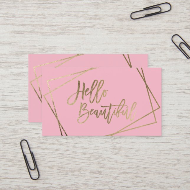 Tarjeta De Visita Hola hermoso guión falso oro geométrico rosa (Anverso/Reverso In Situ)