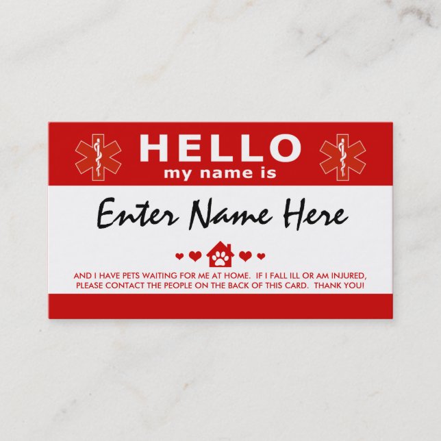 Tarjeta De Visita HOLA, tengo mascotas esperándome (Anverso)