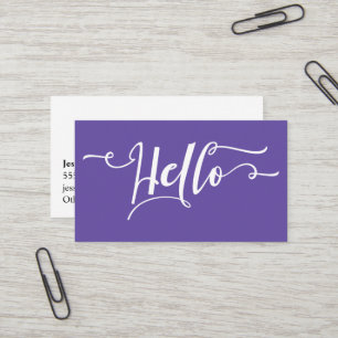 Tarjeta De Visita Hola tipografía sobre morado ultravioleta editable