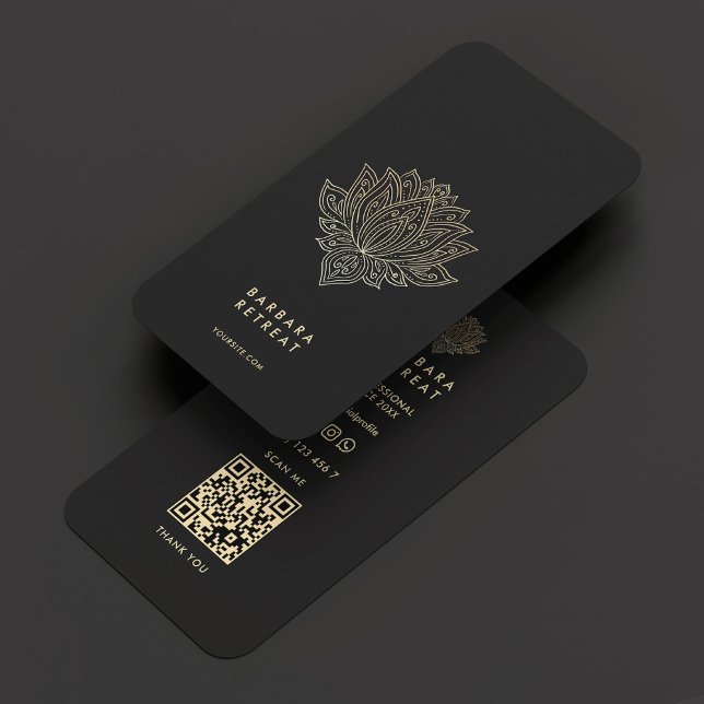 Tarjeta De Visita Holandés Wellness Coach Black Faux Gold Lotus (Modern Holistic Wellness Elegant Black Gold Lotus Business Card
)
