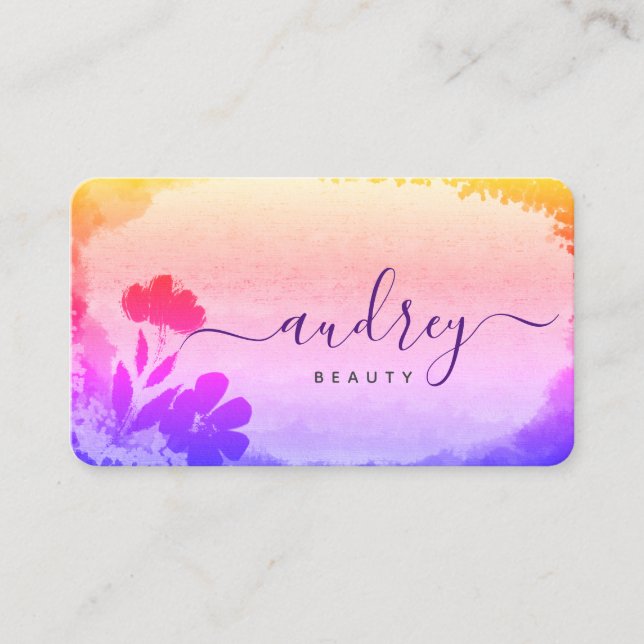 Tarjeta De Visita Holgrafía acuática Floral rosa y morada (Anverso)