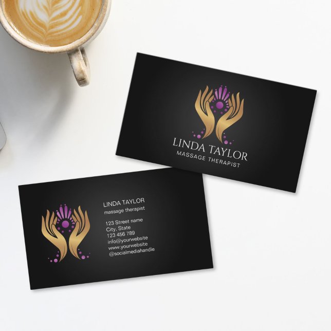 Tarjeta De Visita Holistic Massage Hands Therapy Healer Energy (HEALING HANDS, GOLD AND PURPLE ON THE BLACK BACKGROUND MASSAGE THERAPIST LOGO BUSINESS CARDS)