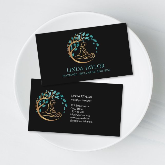 Tarjeta De Visita Holistic Massage Therapist Wellness Spa (massage therapist logo with golden tree business card)