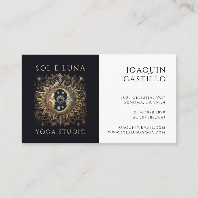 Tarjeta De Visita Holístico Celestial Sun Moon Oro Azul Yoga Negro (Anverso)