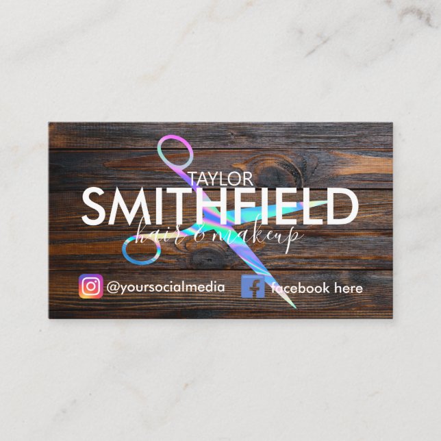 Tarjeta De Visita Holo de madera rústica tijeras de pelo y moda de m (Anverso)