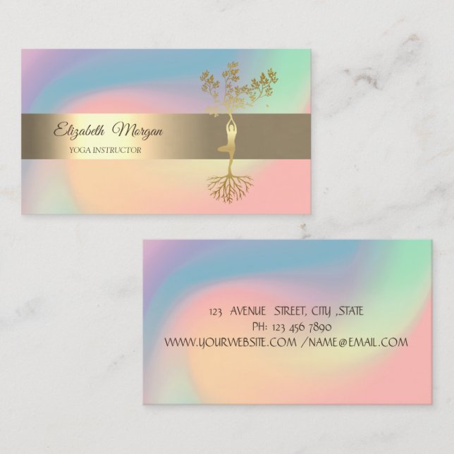 Tarjeta De Visita Holografía elegante de yoga del árbol de oro (Anverso / Reverso)