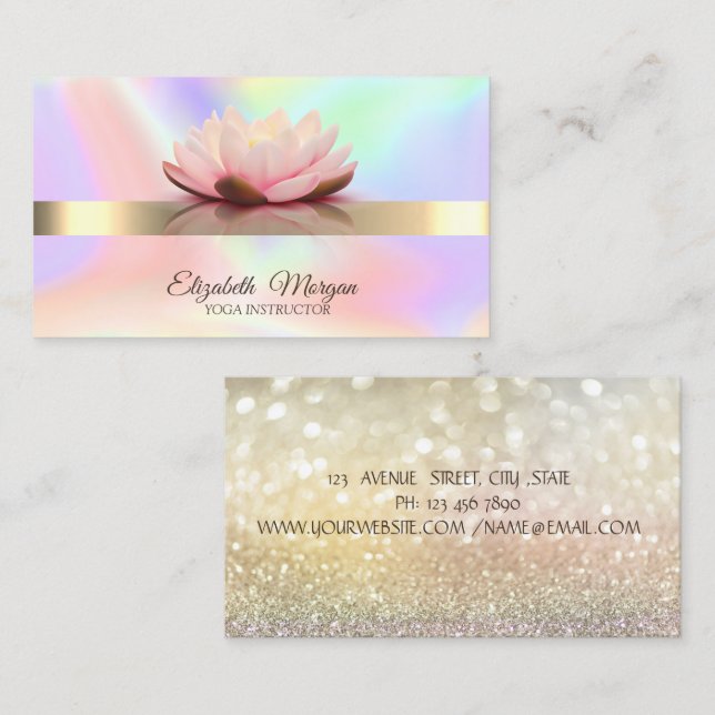 Tarjeta De Visita Holografía elegante, oro bokeh, yoga de flores Lot (Anverso / Reverso)