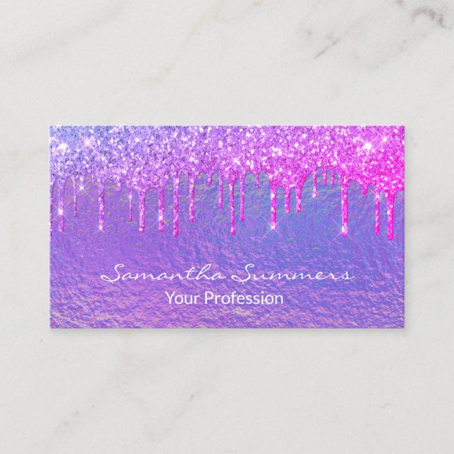 Tarjeta De Visita Holografía iridiscente púrpura Unicornio Glam (Anverso)