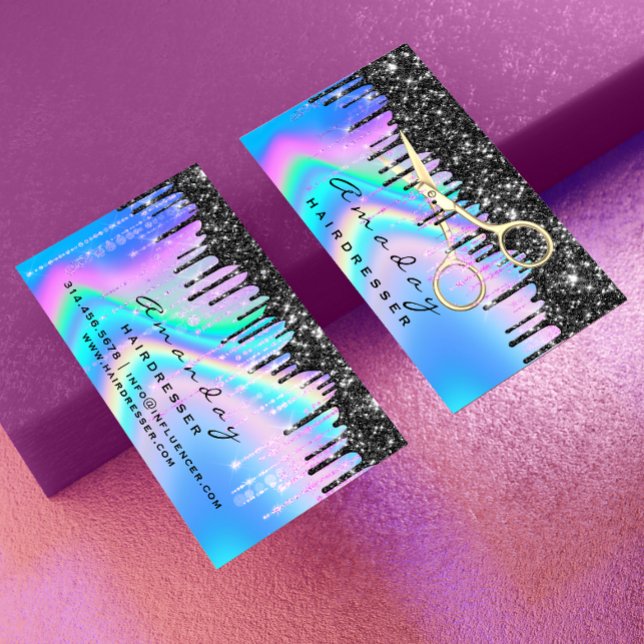 Tarjeta De Visita Holografía Salón de pelo Belleza Borradores negros (Holographic Hair Salon Beauty Black Drips Scissors Business Card)