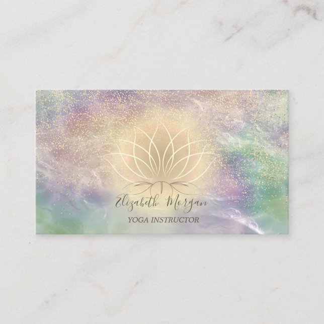 Tarjeta De Visita Holográfica Opal Gold Lotus Confetti Yoga I (Anverso)