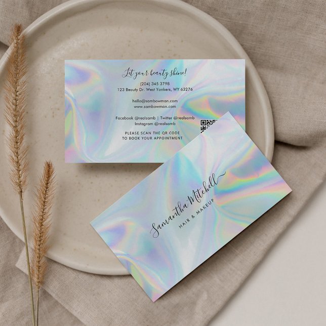 Tarjeta De Visita Holográfico Código QR Artista de maquillaje de bel (Modern QR Code Holographic Script Euro Business Card)