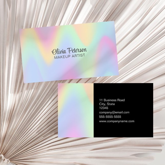 Tarjeta De Visita Holográfico moderno y guión elegante negro (Modern Holographic and Black Elegant Script Business Card on a white dry palm leaf.)