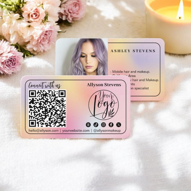 Tarjeta De Visita Holográfico pastel Medios sociales QR Código Fotog (Holographic pastel Social Media QR Code Photo Logo Business Card)