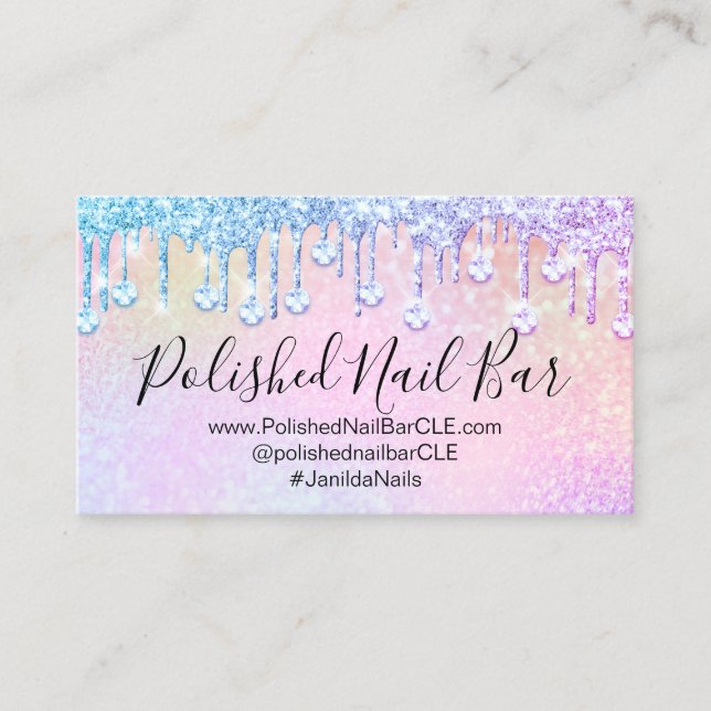 Tarjeta De Visita Hológrafo Artista de uñas Diamante Plata Drillos O (Anverso)