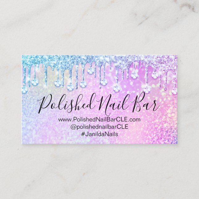 Tarjeta De Visita Hológrafo Artista de uñas Diamante Plata Perfora R (Anverso)