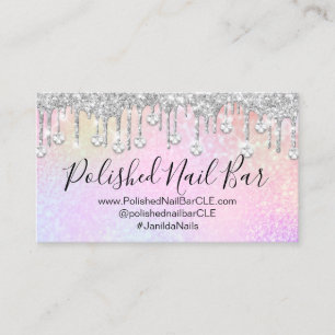 Tarjeta De Visita Holografo de Artista de Uñas Diamante Plata Drip.