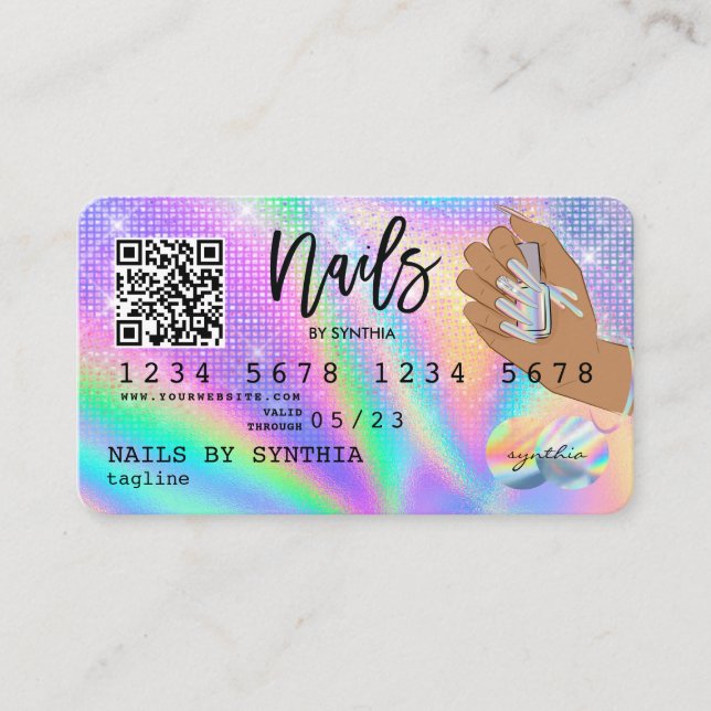 Tarjeta De Visita Holograph Credit Card Nail Tech QR Code (Anverso)