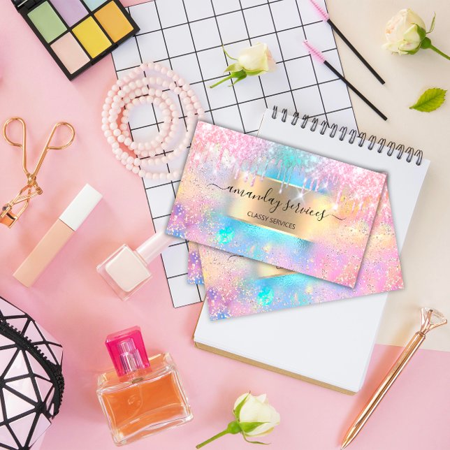 Tarjeta De Visita Holograph Makeup Boutique Shop Ocean Purpurina Dri (makeup artist beauty SPA business card )