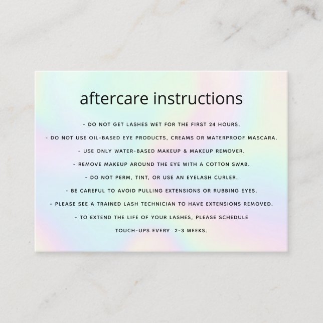 Tarjeta De Visita Holographic AfterCare para Extensiones Lash (Anverso)