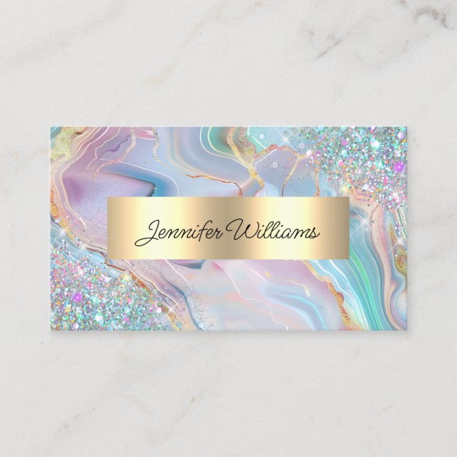 Tarjeta De Visita Holographic Glitter Gold Foil Purple Marble Agate (Anverso)