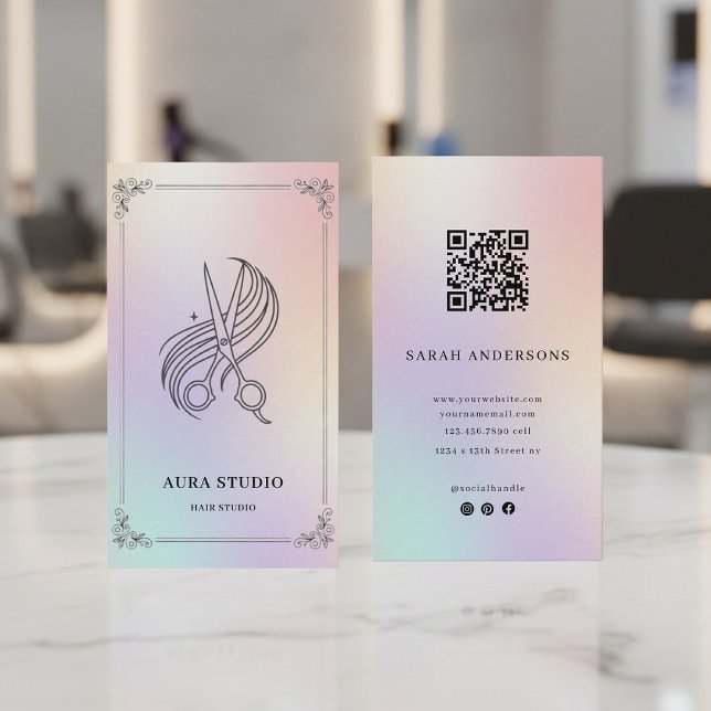 Tarjeta De Visita Holographic Hair Stylist Card with QR Code (Subido por el creador)
