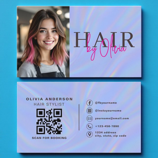 Tarjeta De Visita Holographic Hair Stylist Photo QR Code  (Subido por el creador)