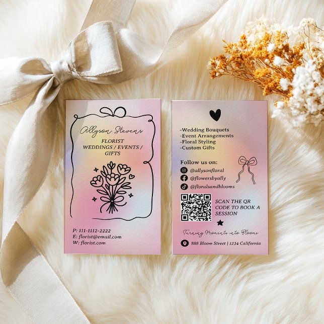 Tarjeta De Visita Holographic rainbow Doodles Florist Artist QR Code (Holographic rainbow Doodles Florist Artist QR Code Business Card)