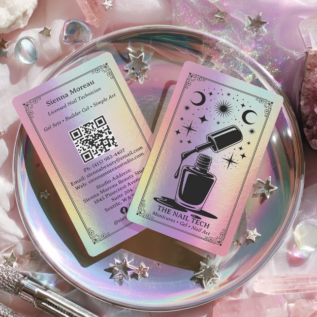 Tarjeta De Visita Holographic Retro Celestial Tarot Nail artist QR (Holographic Retro Celestial Tarot Nail artist QR Business Card)