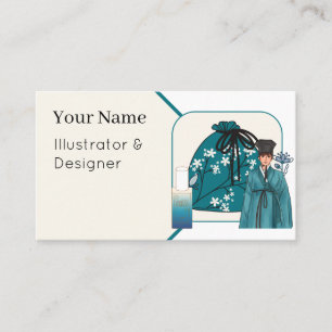 Tarjeta De Visita Hombre con Hanbok Azul y Bolsa de la Suerte Floral