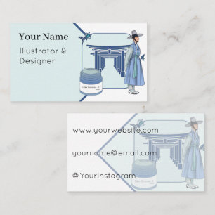 Tarjeta De Visita Hombre con Hanbok Azul y Puertas Tradicionales